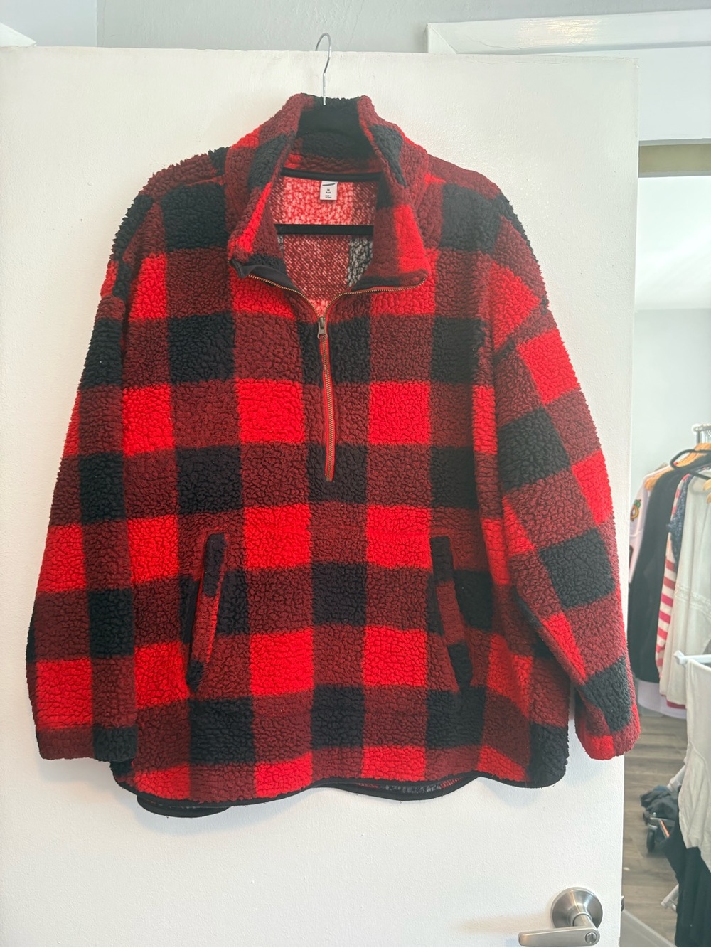 Old Navy Red & Black Buffalo Plaid Sherpa Half-Zip Pullover - size 3X
